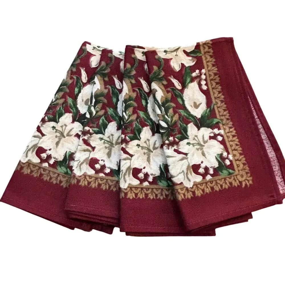 Retro 1980’s cloth napkins set of 4 in burgundy red & white lily brocade finish